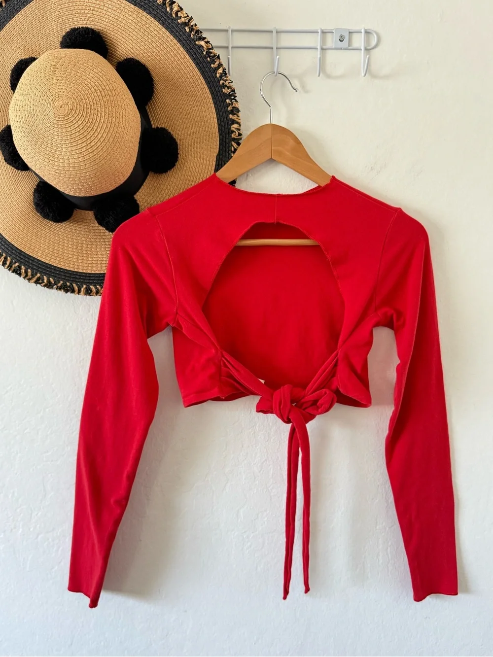 Khy Red Long Sleeve Backless Tie Back Cropped Wrap Top Size Medium - Picture 7 of 11